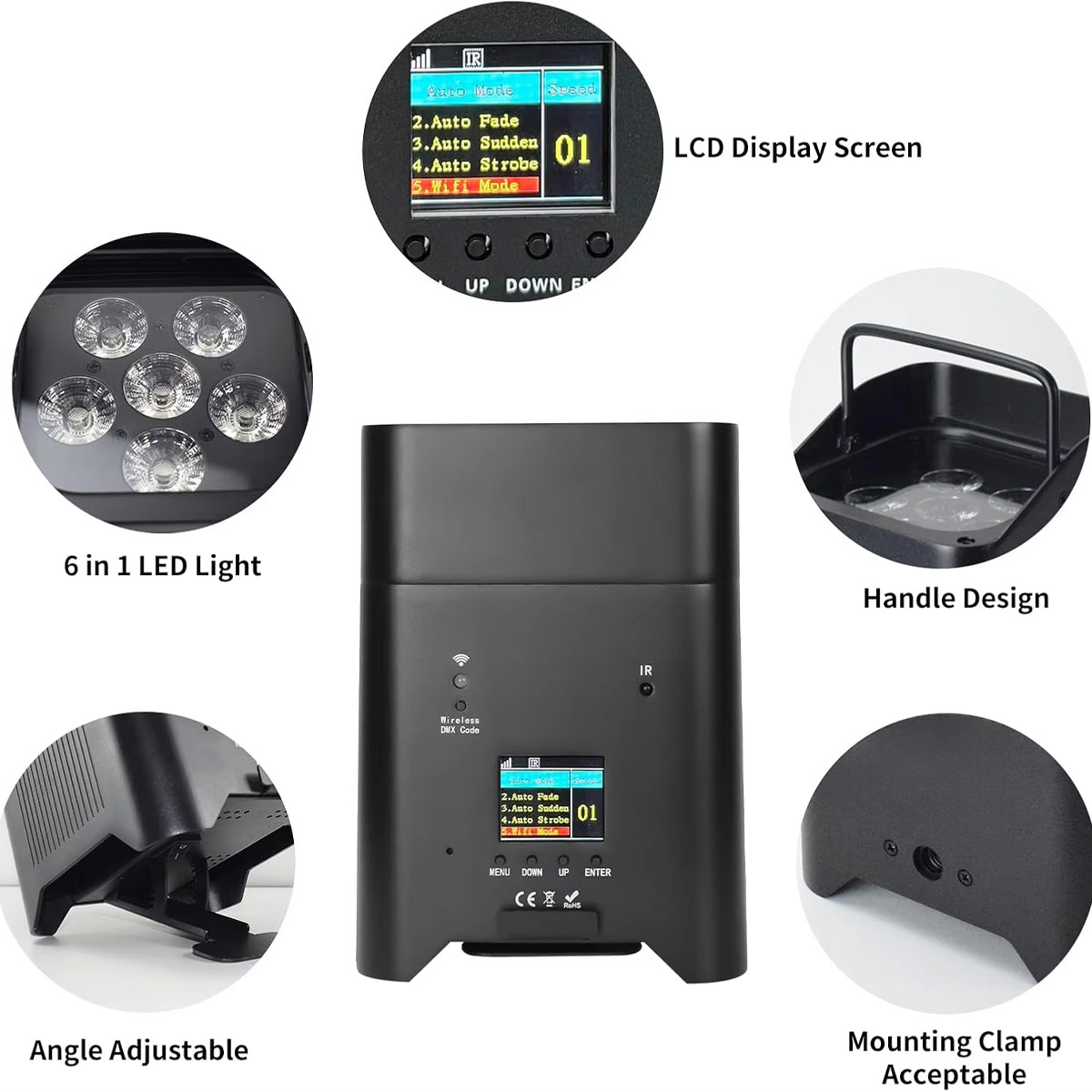 6*18W Battery Par light 2.4G Wireless DMX512 W-DMX Voice Wifi RDM Control  RGBWA+UV 6in1 Led Uplight for Club Party Stage