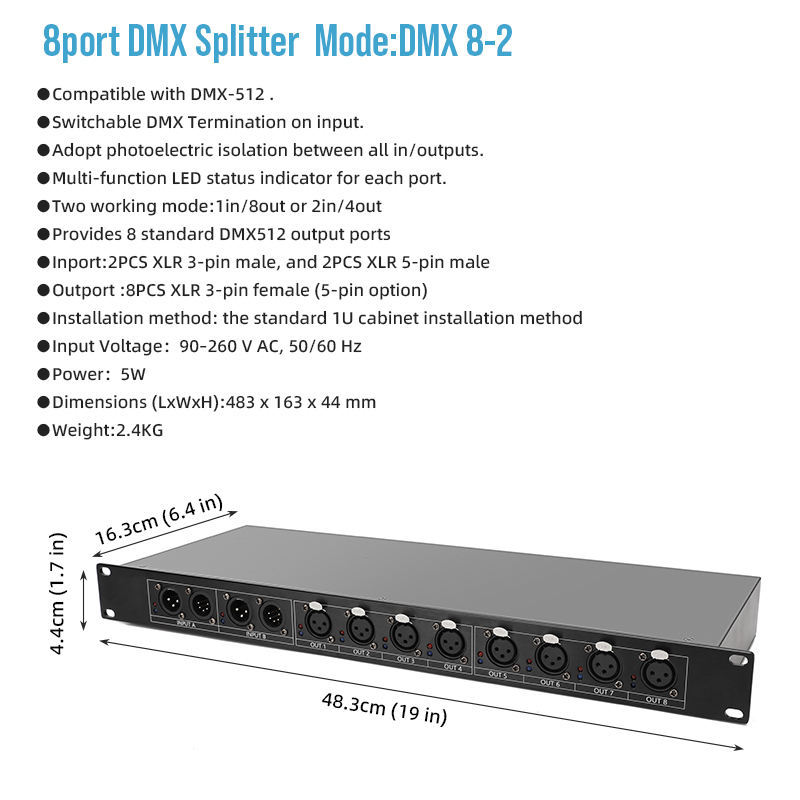 DMX Splitter Signal Amplifier 8 Port DMX Splitter Stage Machine Dmx Splitter Extender for Wedding/DJ/party/disco Controller