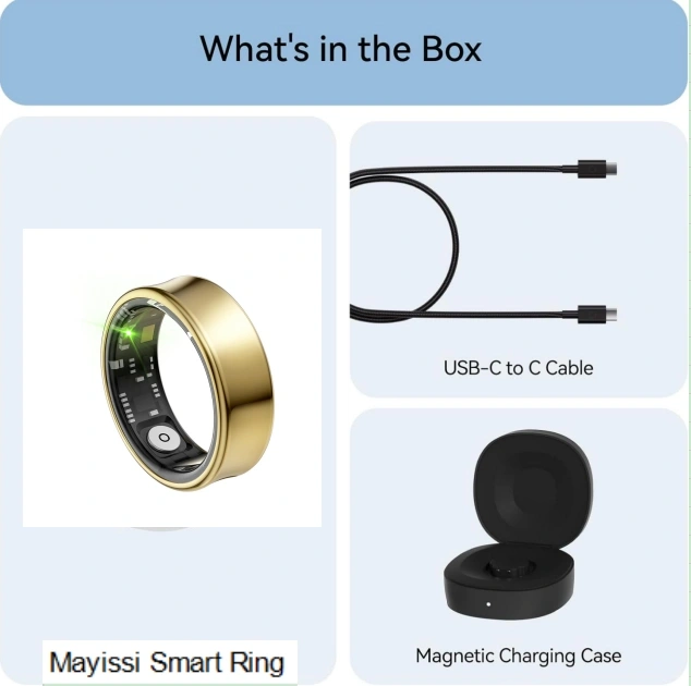 Mayissi Smart Ring with Sleep Monitoring-No Subscription-15-Days-Battery-Standby-time-Activity/Stress/SpO2/HR/Women's Health Tracking--Waterproof-AI Insights-iOS & Android- Gold