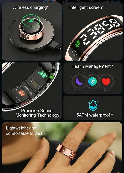 Mayissi Smart Ring-LED Display- Gesture or Touch Controls -Tracks Activity, Sleep, Heart Rate, Blood Oxygen,pressure -IP68 Waterproof-No-Subscription-15 Days Battery Standby time--Health Management--iOS & Android- Rose Gold