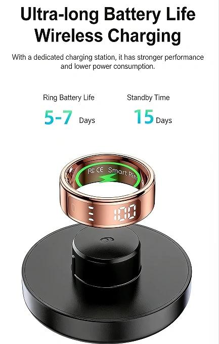 Mayissi Smart Ring-LED Display- Gesture or Touch Controls -Tracks Activity, Sleep, Heart Rate, Blood Oxygen,pressure -IP68 Waterproof-No-Subscription-15 Days Battery Standby time--Health Management--iOS & Android- Rose Gold