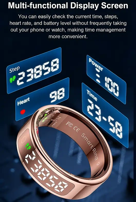 Mayissi Smart Ring-LED Display- Gesture or Touch Controls -Tracks Activity, Sleep, Heart Rate, Blood Oxygen,pressure -IP68 Waterproof-No-Subscription-15 Days Battery Standby time--Health Management--iOS & Android- Rose Gold