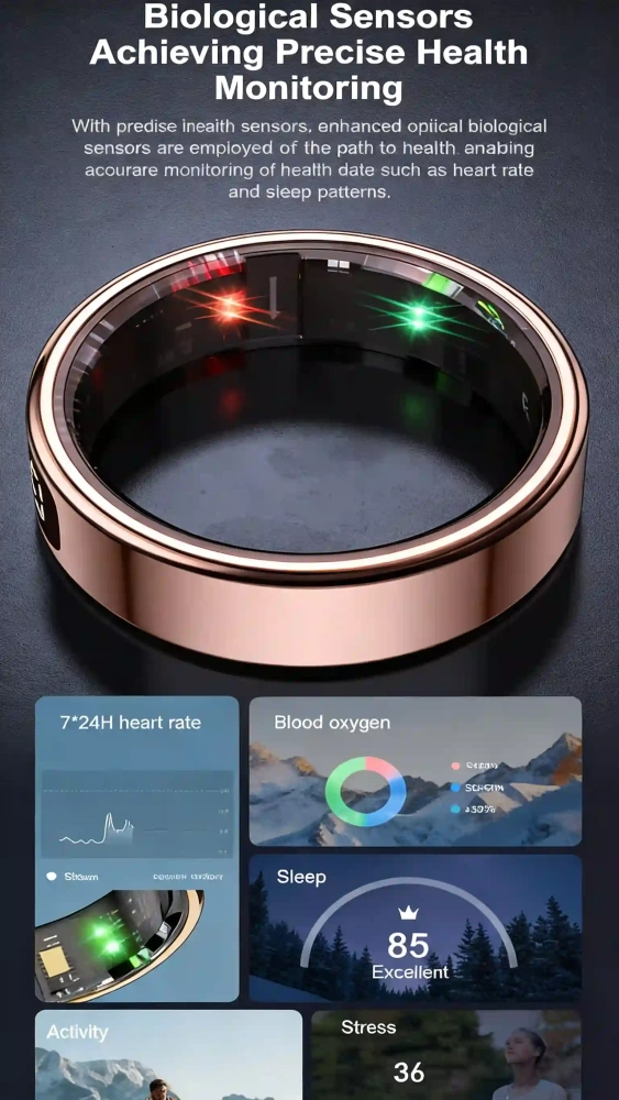 Mayissi Smart Ring-LED Display- Gesture or Touch Controls -Tracks Activity, Sleep, Heart Rate, Blood Oxygen,pressure -IP68 Waterproof-No-Subscription-15 Days Battery Standby time--Health Management--iOS & Android- Rose Gold
