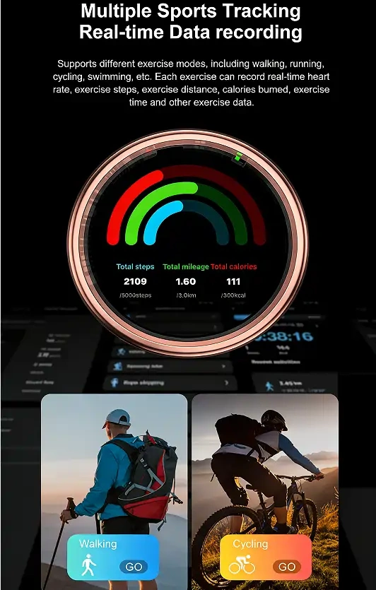 Mayissi Smart Ring-LED Display- Gesture or Touch Controls -Tracks Activity, Sleep, Heart Rate, Blood Oxygen,pressure -IP68 Waterproof-No-Subscription-15 Days Battery Standby time--Health Management--iOS & Android- Rose Gold