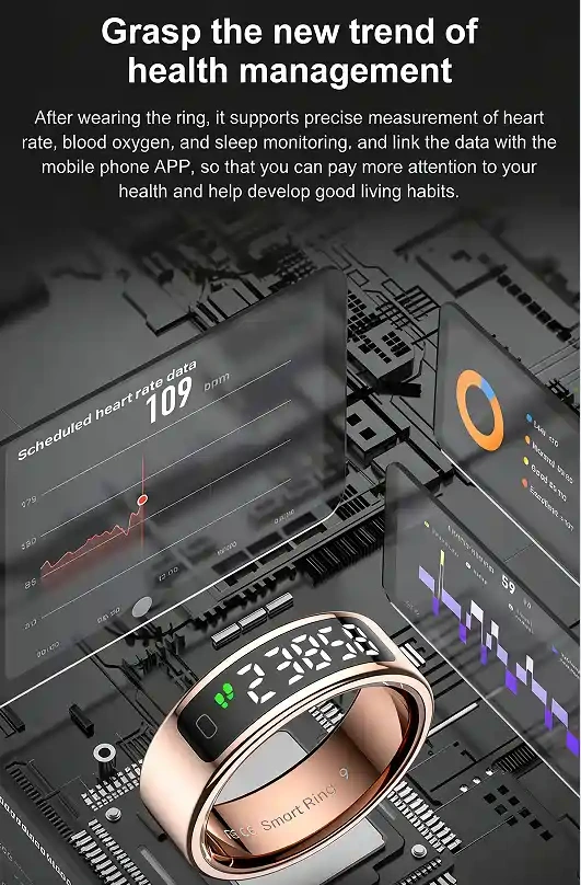 Mayissi Smart Ring-LED Display- Gesture or Touch Controls -Tracks Activity, Sleep, Heart Rate, Blood Oxygen,pressure -IP68 Waterproof-No-Subscription-15 Days Battery Standby time--Health Management--iOS & Android- Rose Gold