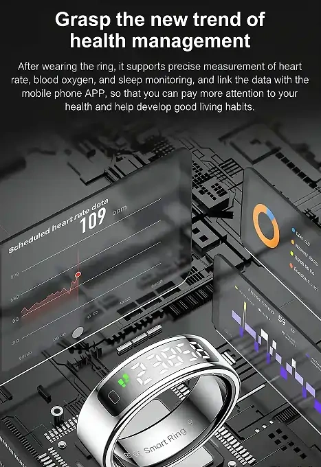 Mayissi Smart Ring-LED Display- Gesture or Touch Controls -Tracks Activity, Sleep, Heart Rate, Blood Oxygen,pressure -IP68 Waterproof-No-Subscription-15 Days Battery Standby time--Health Management--iOS & Android- XZR11SILVER