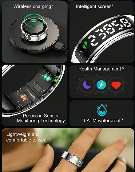 Mayissi Smart Ring-LED Display- Gesture or Touch Controls -Tracks Activity, Sleep, Heart Rate, Blood Oxygen,pressure -IP68 Waterproof-No-Subscription-15 Days Battery Standby time--Health Management--iOS & Android- XZR11SILVER