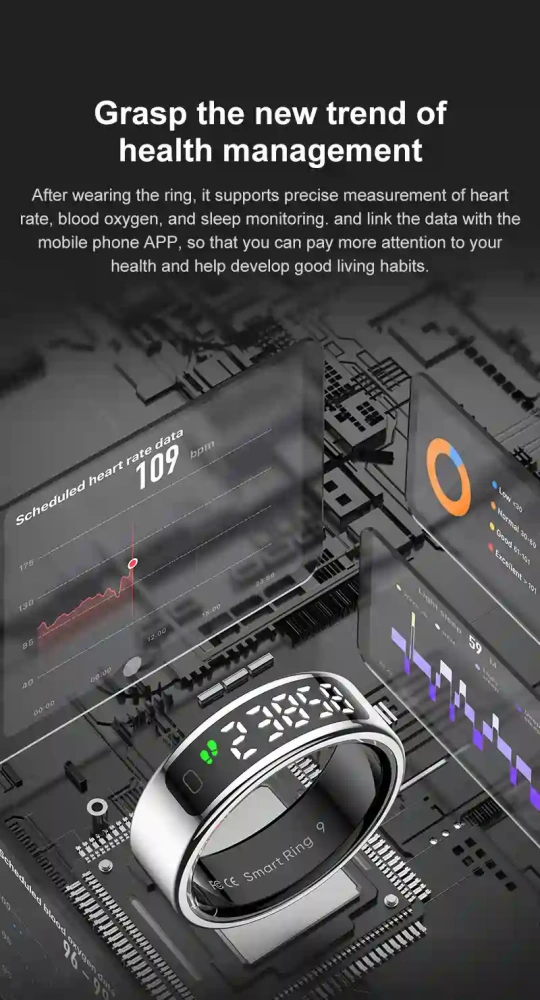 Mayissi Smart Ring-LED Display- Gesture or Touch Controls -Tracks Activity, Sleep, Heart Rate, Blood Oxygen,pressure -IP68 Waterproof-No-Subscription-15 Days Battery Standby time--Health Management--iOS & Android- Rose Gold