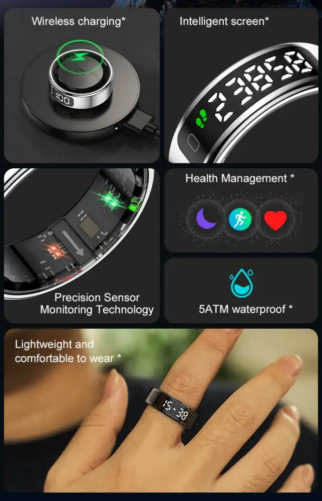 Mayissi Smart Ring-LED Display- Gesture or Touch Controls -Tracks Activity, Sleep, Heart Rate, Blood Oxygen,pressure -IP68 Waterproof-No-Subscription-15 Days Battery Standby time--Health Management--iOS & Android- Rose Gold