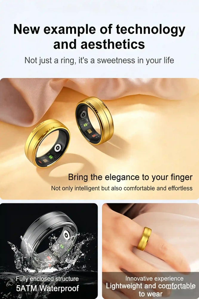 Mayissi Smart Ring -Tracks Activity, Sleep, Heart Rate, Blood Oxygen,pressure -IP68 Waterproof-No-Subscription-15 Days Battery Standby time--Health Management--iOS & Android- XZR06GOLD