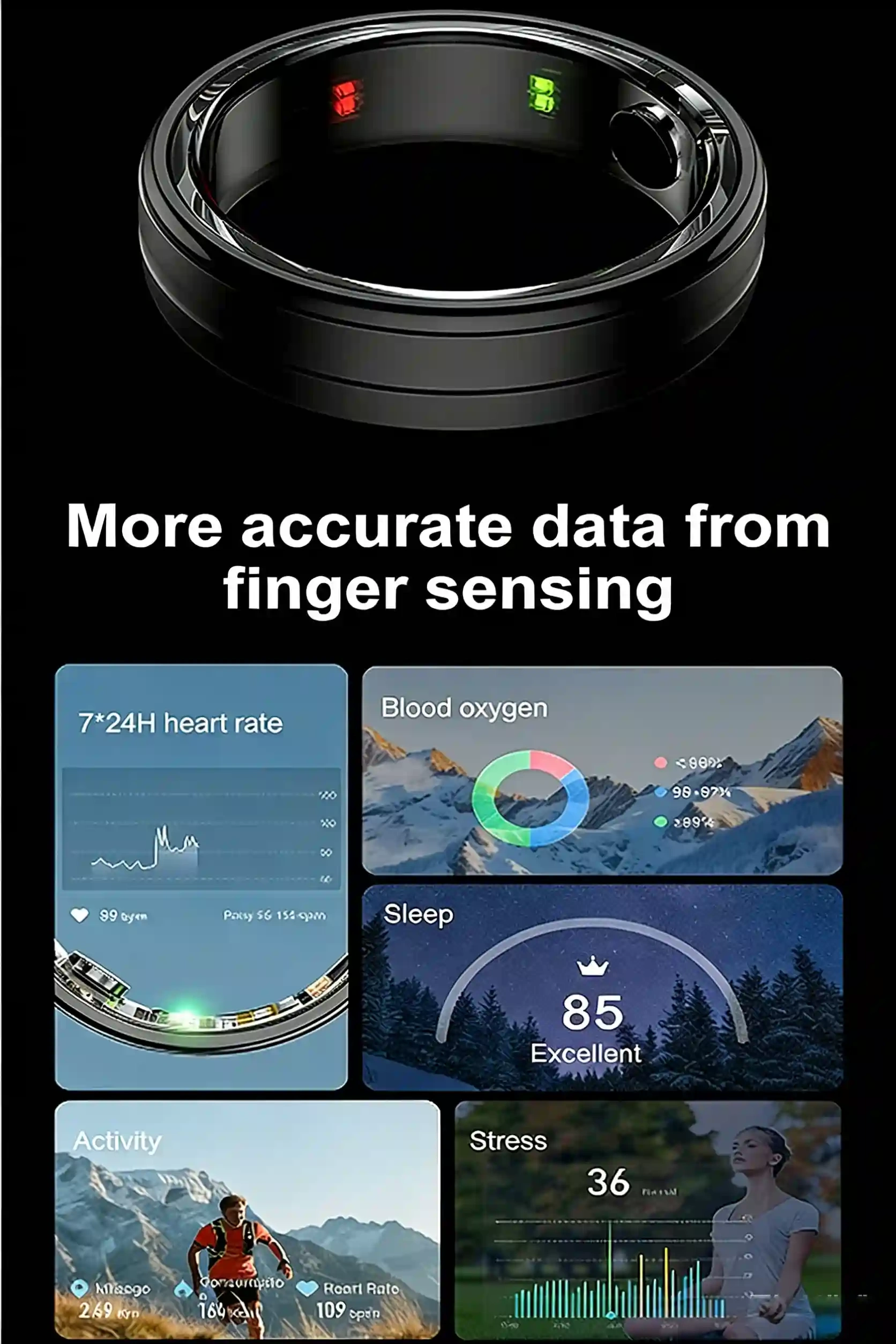 Mayissi Smart Ring -Tracks Activity, Sleep, Heart Rate, Blood Oxygen,pressure -IP68 Waterproof-No-Subscription-15 Days Battery Standby time--Health Management--iOS & Android- XZR06Tarnish-Black