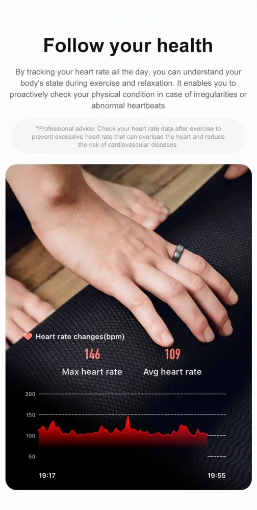 Mayissi Smart Ring -Tracks Activity, Sleep, Heart Rate, Blood Oxygen,pressure -IP68 Waterproof-No-Subscription-15 Days Battery Standby time--Health Management--iOS & Android- XZR06Tarnish-Black