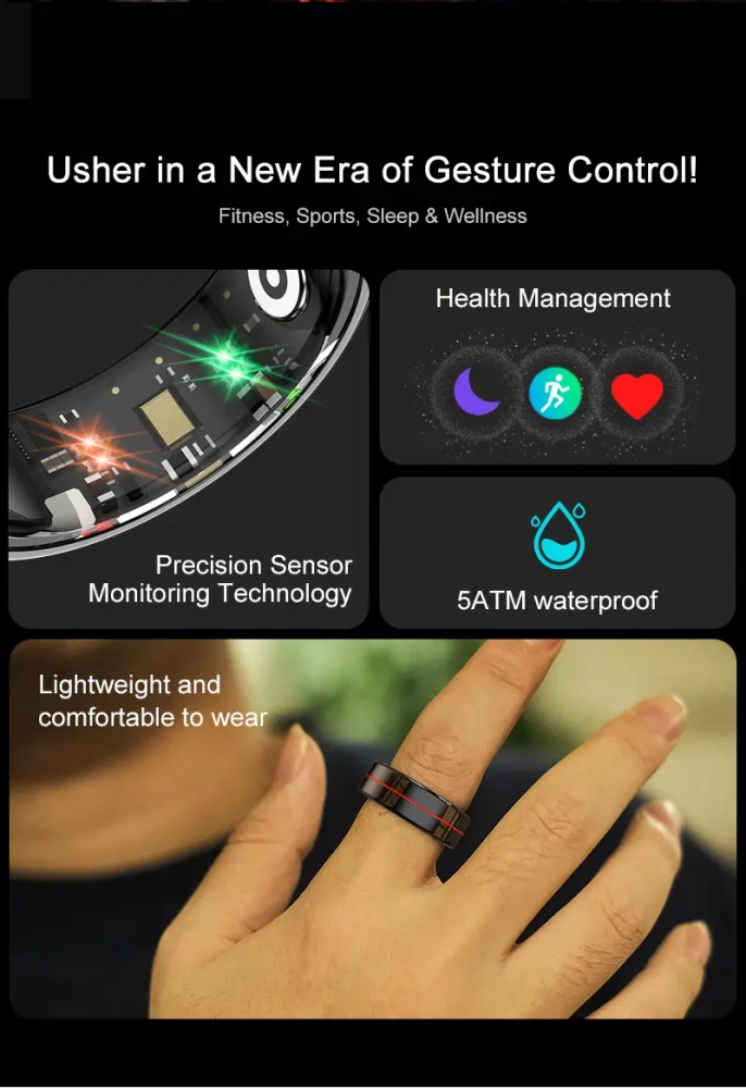 Mayissi Smart Ring-Sleep-Activity-Stress-SpO2-HR-Tracking-Gesture remote control-Waterproof- No Subscription-15-Days-Battery-Standby-time-iOS & Android-XZR04Black