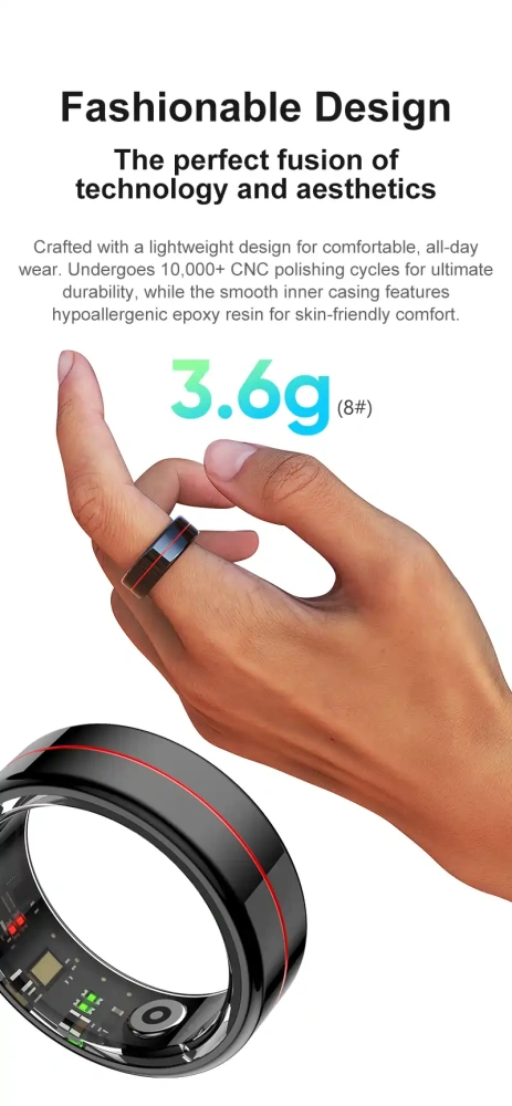 Mayissi Smart Ring-Sleep-Activity-Stress-SpO2-HR-Tracking-Gesture remote control-Waterproof- No Subscription-15-Days-Battery-Standby-time-iOS & Android-XZR04Black