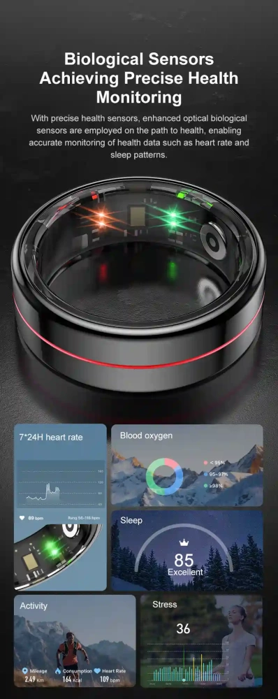 Mayissi Smart Ring-Sleep-Activity-Stress-SpO2-HR-Tracking-Gesture remote control-Waterproof- No Subscription-15-Days-Battery-Standby-time-iOS & Android-XZR04Black