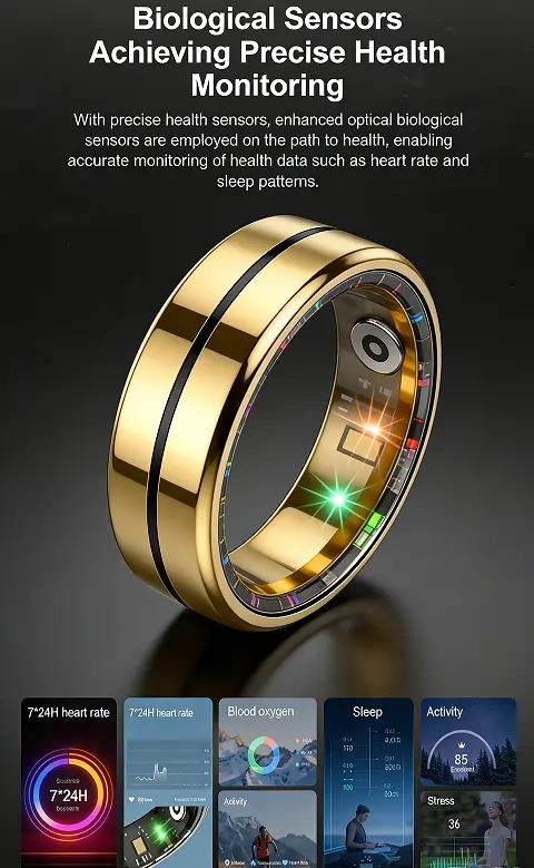 Mayissi Smart Ring-Sleep-Activity-Stress-SpO2-HR-Tracking-Gesture remote control-Waterproof- No Subscription-15-Days-Battery-Standby-time-iOS & Android-XZR04Gold