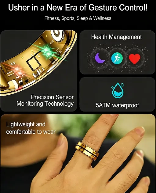 Mayissi Smart Ring-Sleep-Activity-Stress-SpO2-HR-Tracking-Gesture remote control-Waterproof- No Subscription-15-Days-Battery-Standby-time-iOS & Android-XZR04Gold