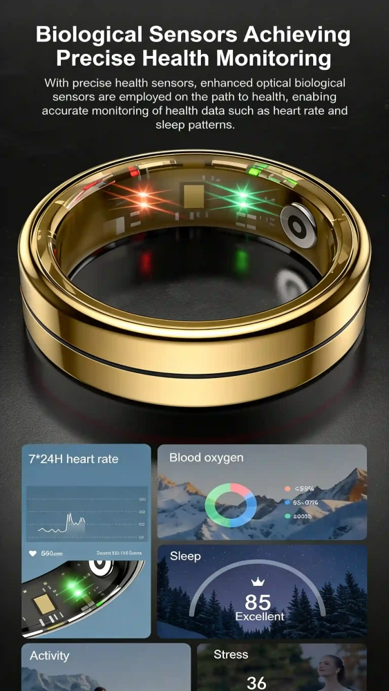 Mayissi Smart Ring-Sleep-Activity-Stress-SpO2-HR-Tracking-Gesture remote control-Waterproof- No Subscription-15-Days-Battery-Standby-time-iOS & Android-XZR04Gold
