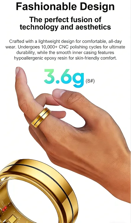 Mayissi Smart Ring-Sleep-Activity-Stress-SpO2-HR-Tracking-Gesture remote control-Waterproof- No Subscription-15-Days-Battery-Standby-time-iOS & Android-XZR04Gold