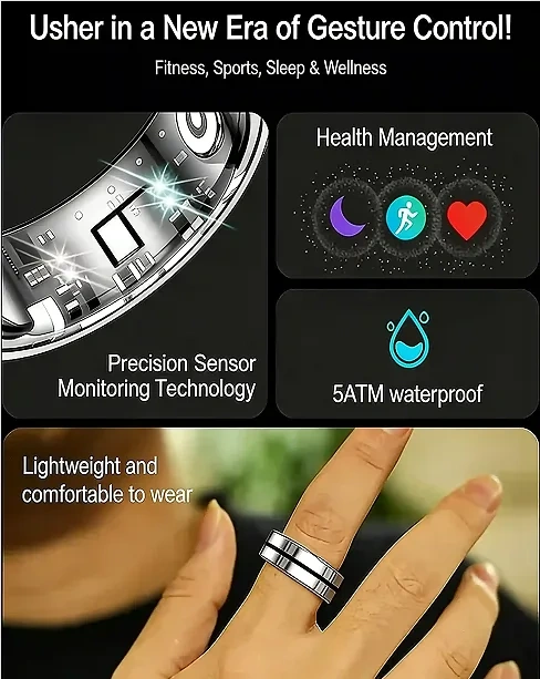 Mayissi Smart Ring-Sleep-Activity-Stress-SpO2-HR-Tracking-Gesture remote control-Waterproof- No Subscription-15-Days-Battery-Standby-time-iOS & Android-XZR04Silver