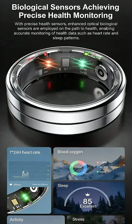 Mayissi Smart Ring-Sleep-Activity-Stress-SpO2-HR-Tracking-Gesture remote control-Waterproof- No Subscription-15-Days-Battery-Standby-time-iOS & Android-XZR04Silver