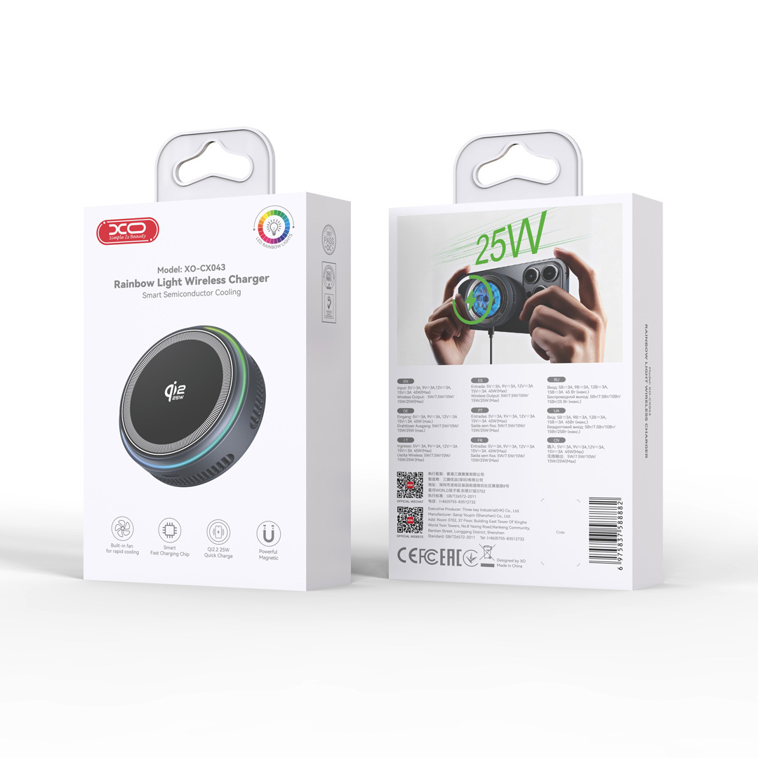 CX043 Smart Semiconductor Cooling Qi 2.2 25W Multi-Colour LED Desktop Wireless Charger