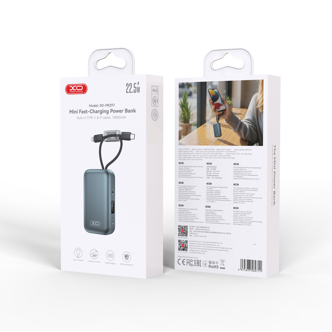 PR297 22.5W Fully Compatible Mini Digital Display Fast Charging Power Bank (Includes iP and Type-C Cables) 10000mAh