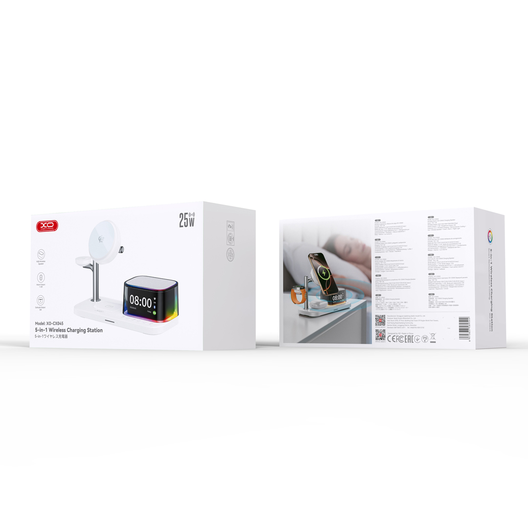 CX045 Clock + Speaker + Light + Phone + Watch + Headphones, 5-in-1 Smart Charger (Qi 2.2 25W) US