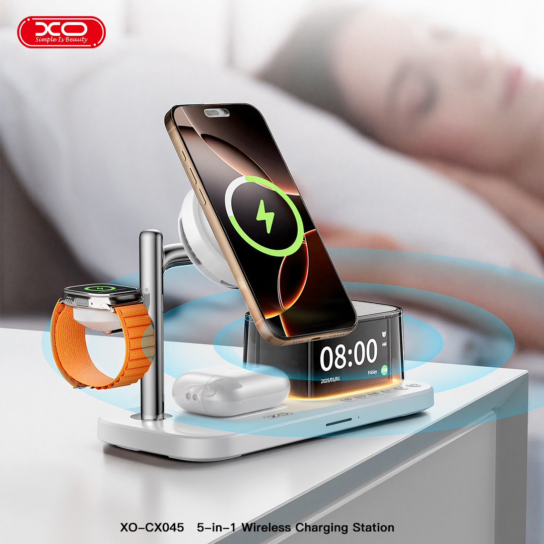 CX045 Clock + Speaker + Light + Phone + Watch + Headphones, 5-in-1 Smart Charger (Qi 2.2 25W) US