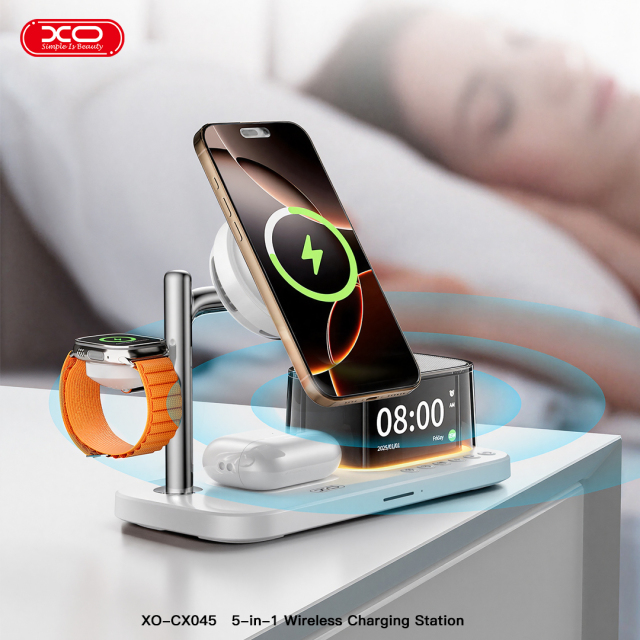 CX045 Clock + Speaker + Light + Phone + Watch + Headphones, 5-in-1 Smart Charger (Qi 2.2 25W) US