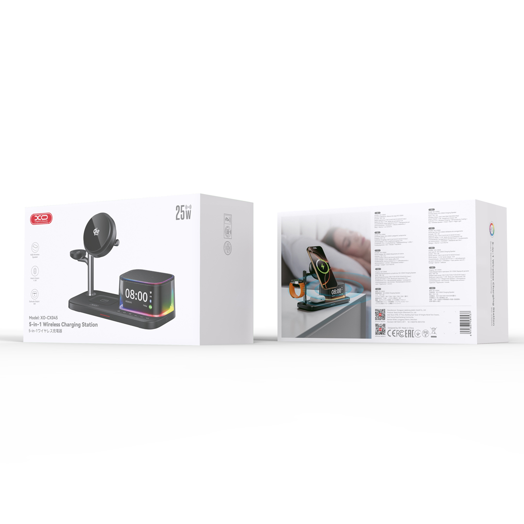 CX045 Clock + Speaker + Light + Phone + Watch + Headphones, 5-in-1 Smart Charger (Qi 2.2 25W) US