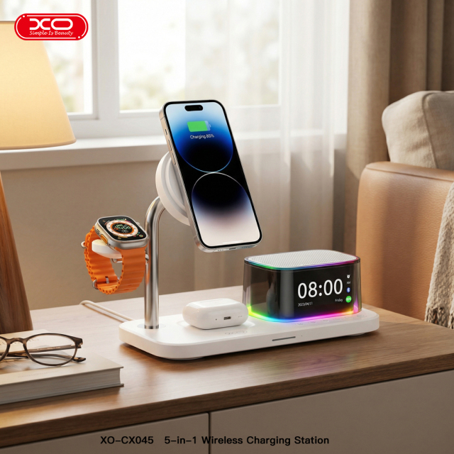 CX045 Clock + Speaker + Light + Phone + Watch + Headphones, 5-in-1 Smart Charger (Qi 2.2 25W) US