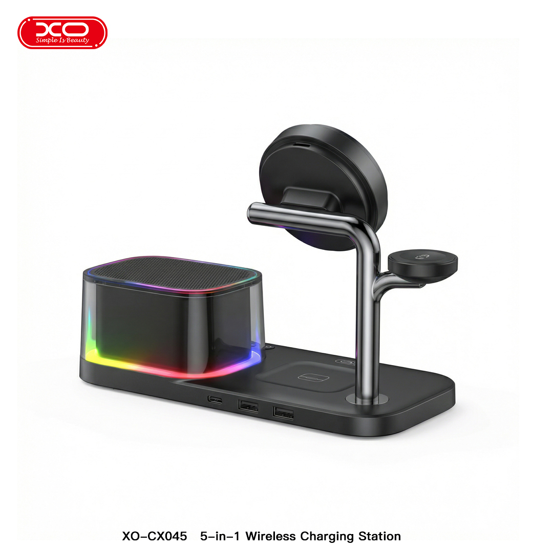 CX045 Clock + Speaker + Light + Phone + Watch + Headphones, 5-in-1 Smart Charger (Qi 2.2 25W) US