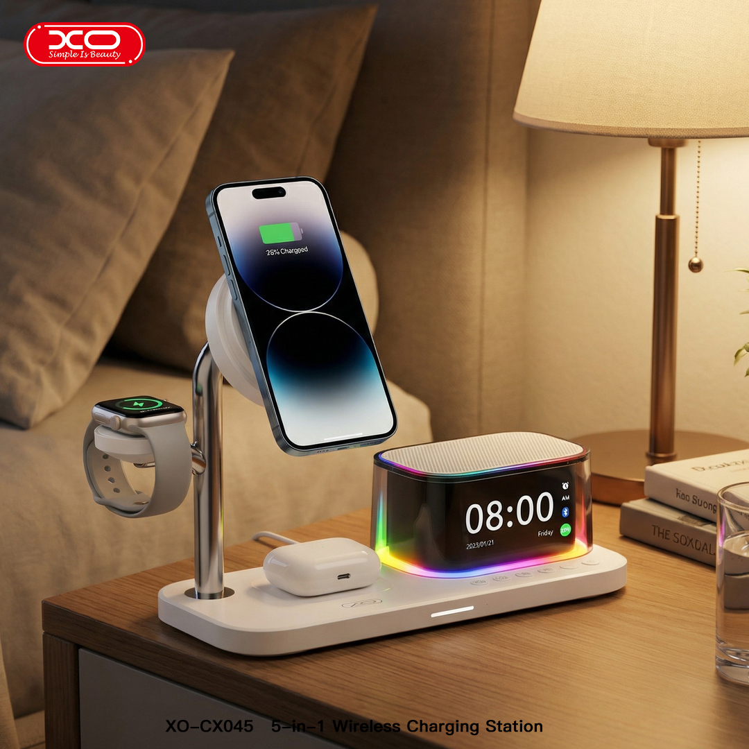 CX045 Clock + Speaker + Light + Phone + Watch + Headphones, 5-in-1 Smart Charger (Qi 2.2 25W) US