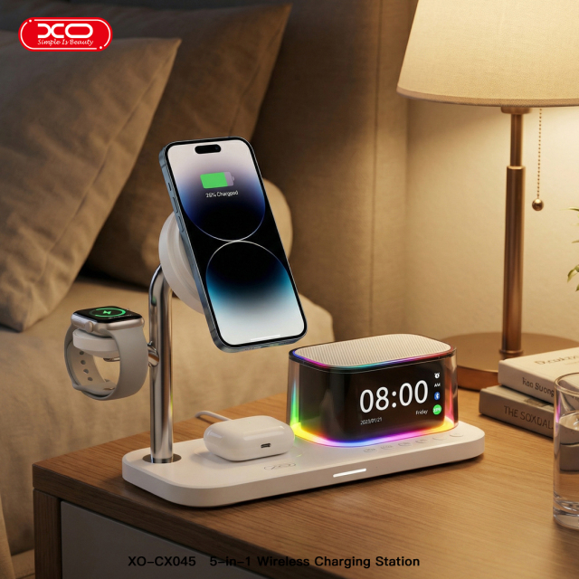 CX045 Clock + Speaker + Light + Phone + Watch + Headphones, 5-in-1 Smart Charger (Qi 2.2 25W) US