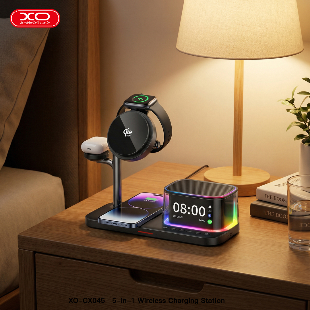CX045 Clock + Speaker + Light + Phone + Watch + Headphones, 5-in-1 Smart Charger (Qi 2.2 25W) US