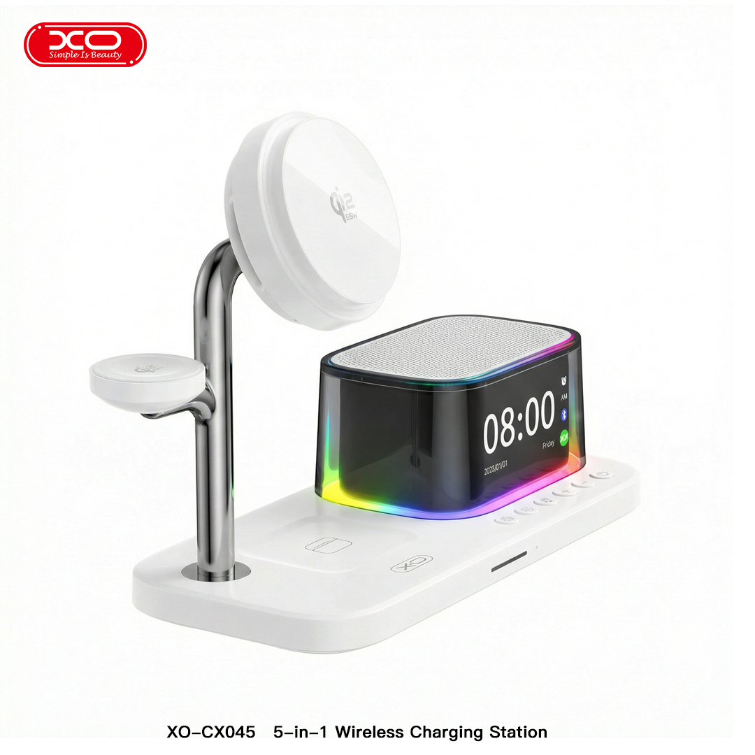 CX045 Clock + Speaker + Light + Phone + Watch + Headphones, 5-in-1 Smart Charger (Qi 2.2 25W) US