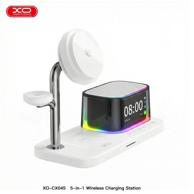 CX045 Clock + Speaker + Light + Phone + Watch + Headphones, 5-in-1 Smart Charger (Qi 2.2 25W) US
