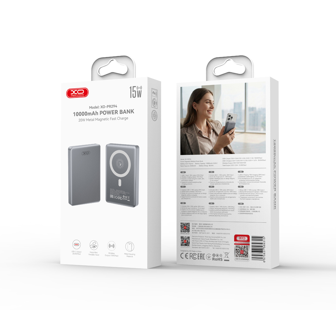 PR294 Metal Magnetic Fast Charging Power Bank (15W Wireless Charging + USB-C 20W) 10000mAh
