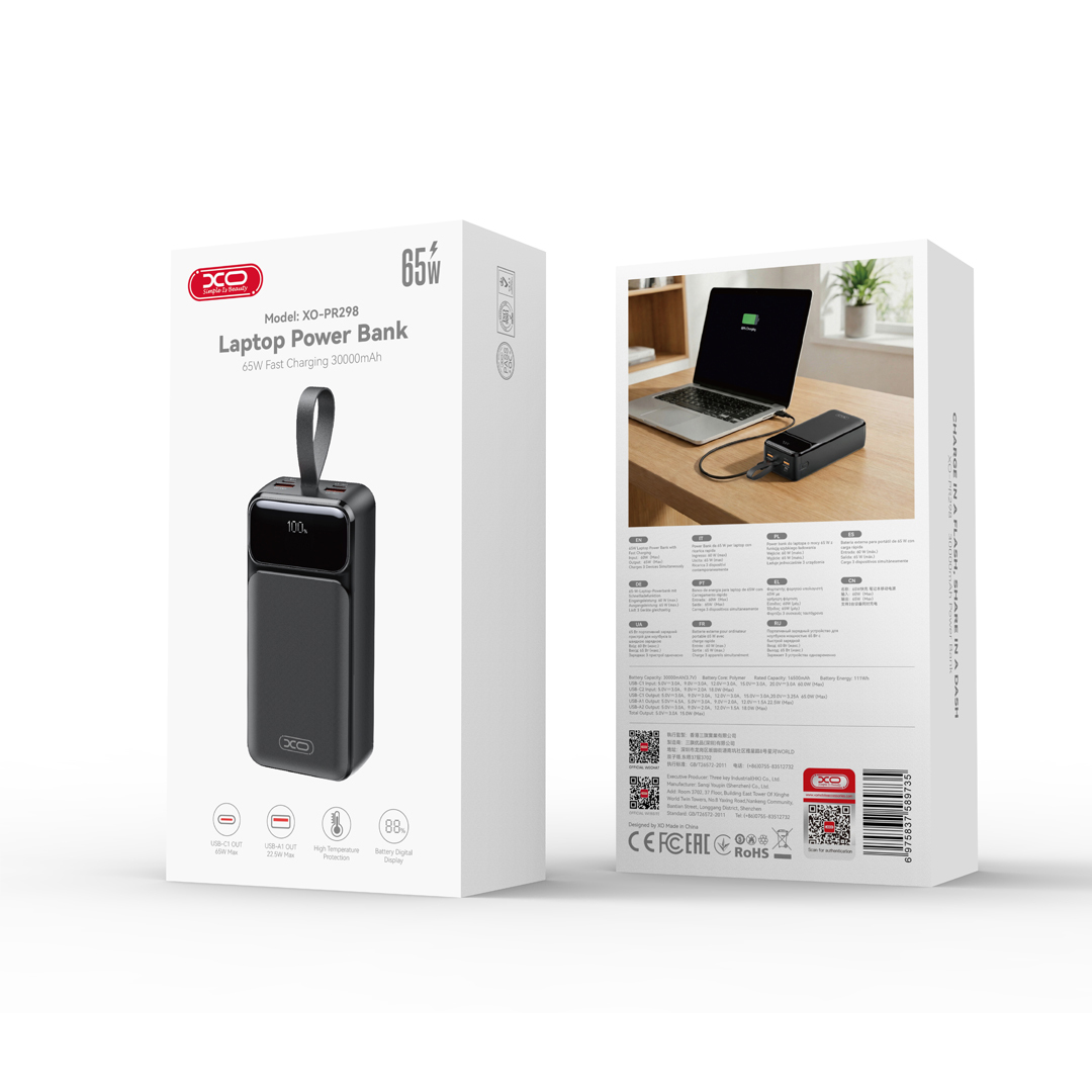 PR298 65W Fast Charging Digital Display Power Bank (USB-C Port / USB-A 22.5W) 30000mAh