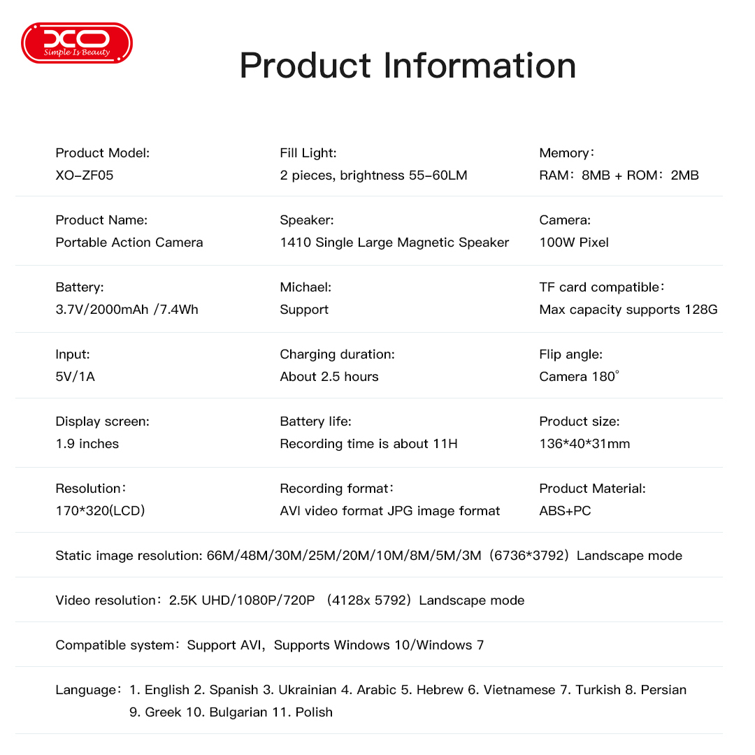 ZF05 Action Camera: 1.9-inch Display, Ultra-HD 4K Resolution, Handheld Action Camera