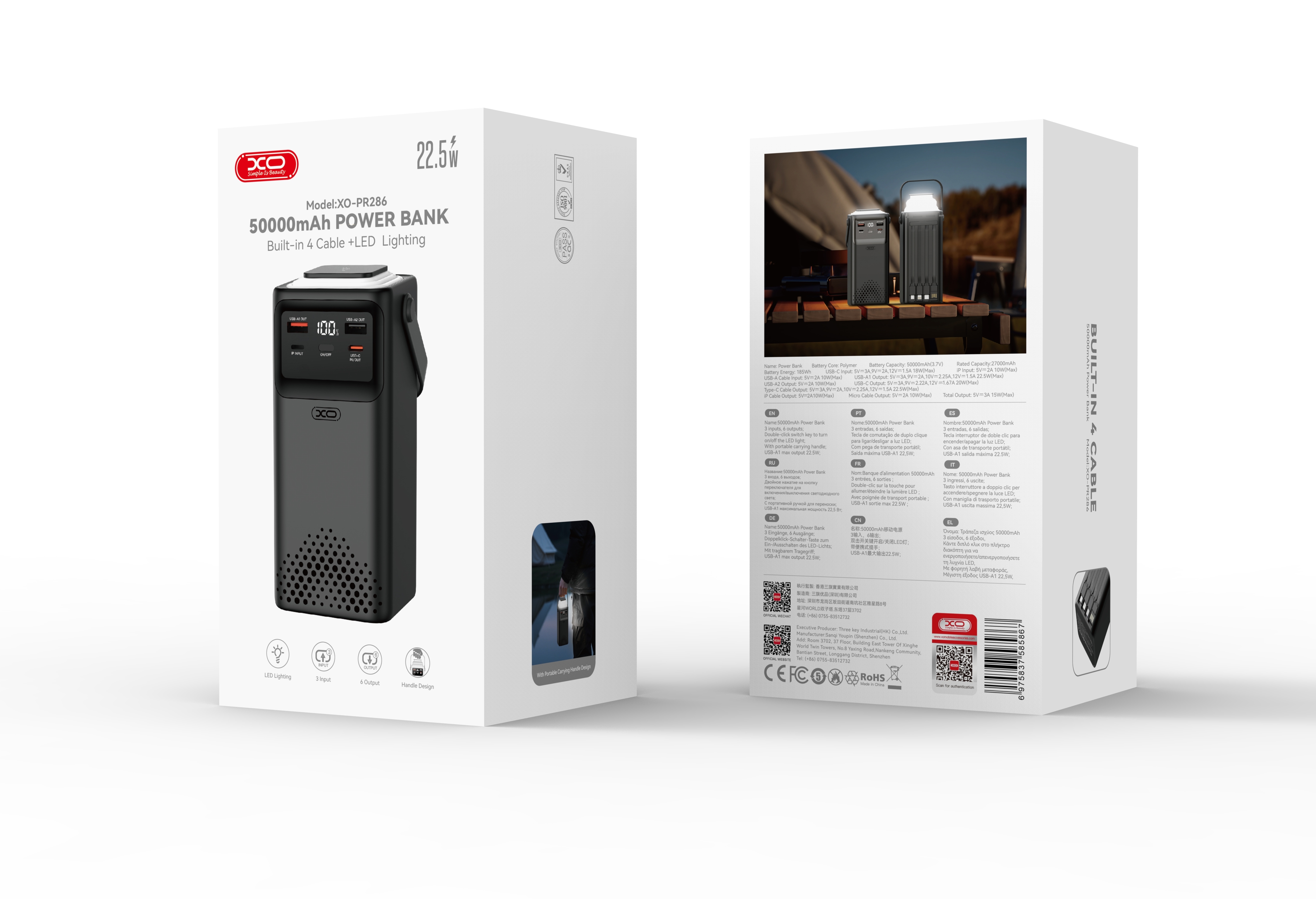 PR286 PD20W+QC22.5W Three Inputs and Six Outputs Comes with Four Cables + Lighting Fast Charging Mobile Power 50000mAh