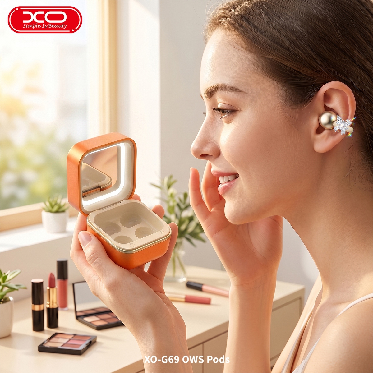 G69 Diamond Ring Make-up Mirror Clip-on OWS Headphones