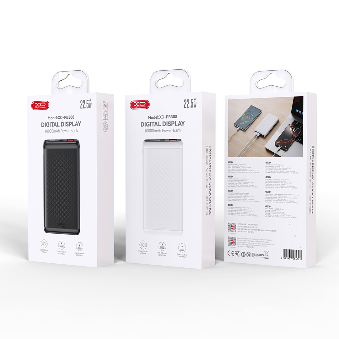 PB308 USB-C 20W/USB-A 22.5W Digital Fast Charger 10000mAhReal Capacity 9000mAh
