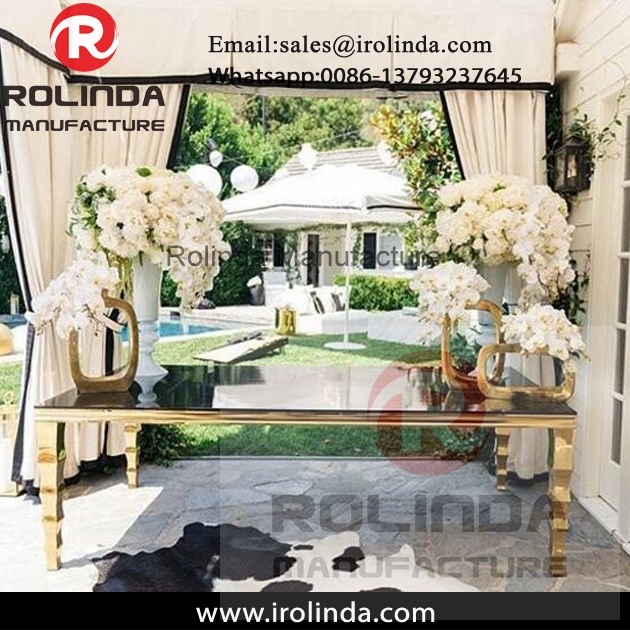 Romantic metal frame rectangle stainless steel wedding table with glass top