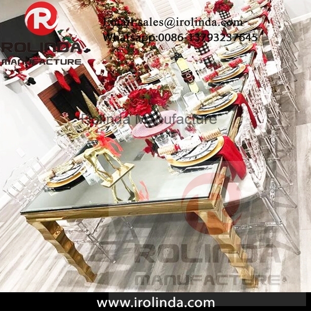 Romantic metal frame rectangle stainless steel wedding table with glass top