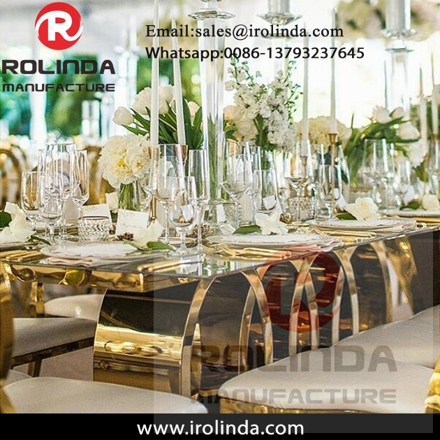rectangular 8 person glass top stainless steel gold wedding table
