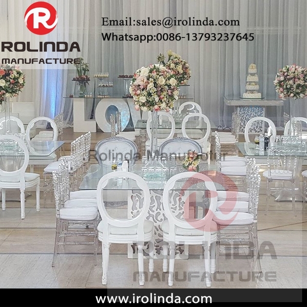 Square shape event white wood carved table with light