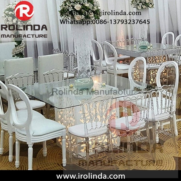 Square shape event white wood carved table with light