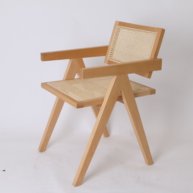 Solid Wood Rattan Armchair Dining Pierre Jeanneret Style Dining Chair with Rattan Seat